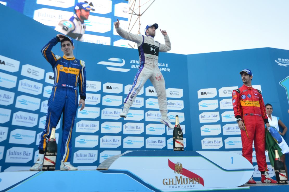 Bird celebrates at the podium after winning the Buenos Aires ePrix.