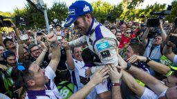 BUENOS AIRES, ARGENTINA - FEBRUARY 6:  In this handout image supplied by Formula E, The DS Virgin Racing team, lift Sam Bird (GBR), DS Virgin Racing DSV-0 in the air before he gets to the podium, during the Buenos Aires Formula E race at Puerto Madero Street Circuit on February 6, 2016 in Buenos Aires, Argentina. (Photo by Zak Mauger/LAT/Formula E via Getty Images)