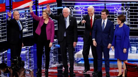 From left, Democratic presidential candidates, former New York City Mayor Michael Bloomberg, Sen. Elizabeth Warren, D-Mass., Sen. Bernie Sanders, I-Vt.,former Vice President Joe Biden, former South Bend Mayor Pete Buttigieg, Sen. Amy Klobuchar, D-Minn., stand on stage before a Democratic presidential primary debate