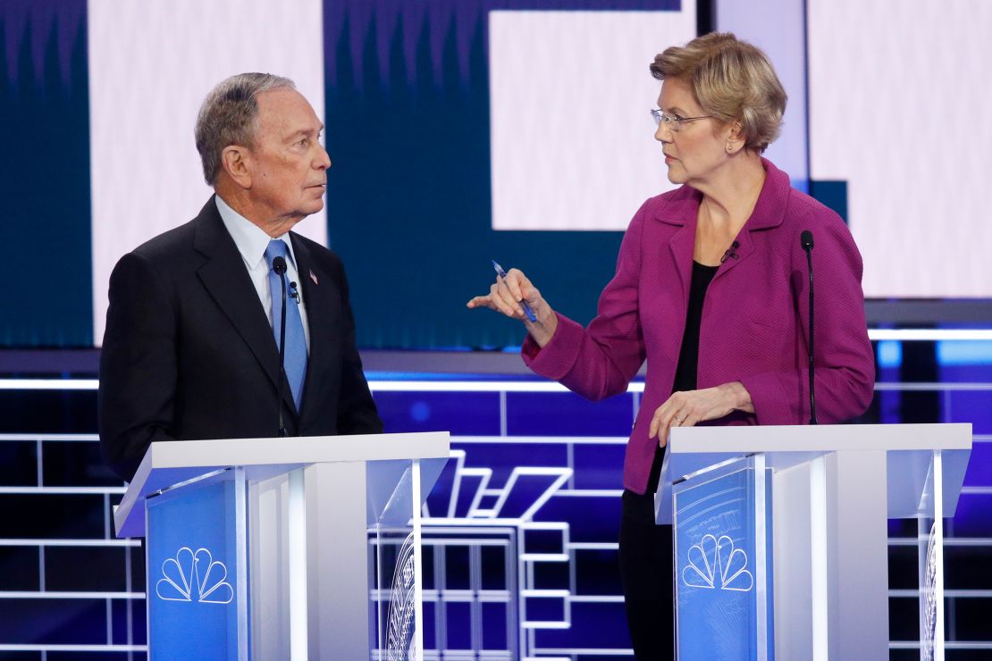 Bloomberg, left, and Warren, talk before a Democratic presidential primary debate Wednesday