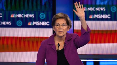 Warren gestures as she speaks during the ninth Democratic primary debate