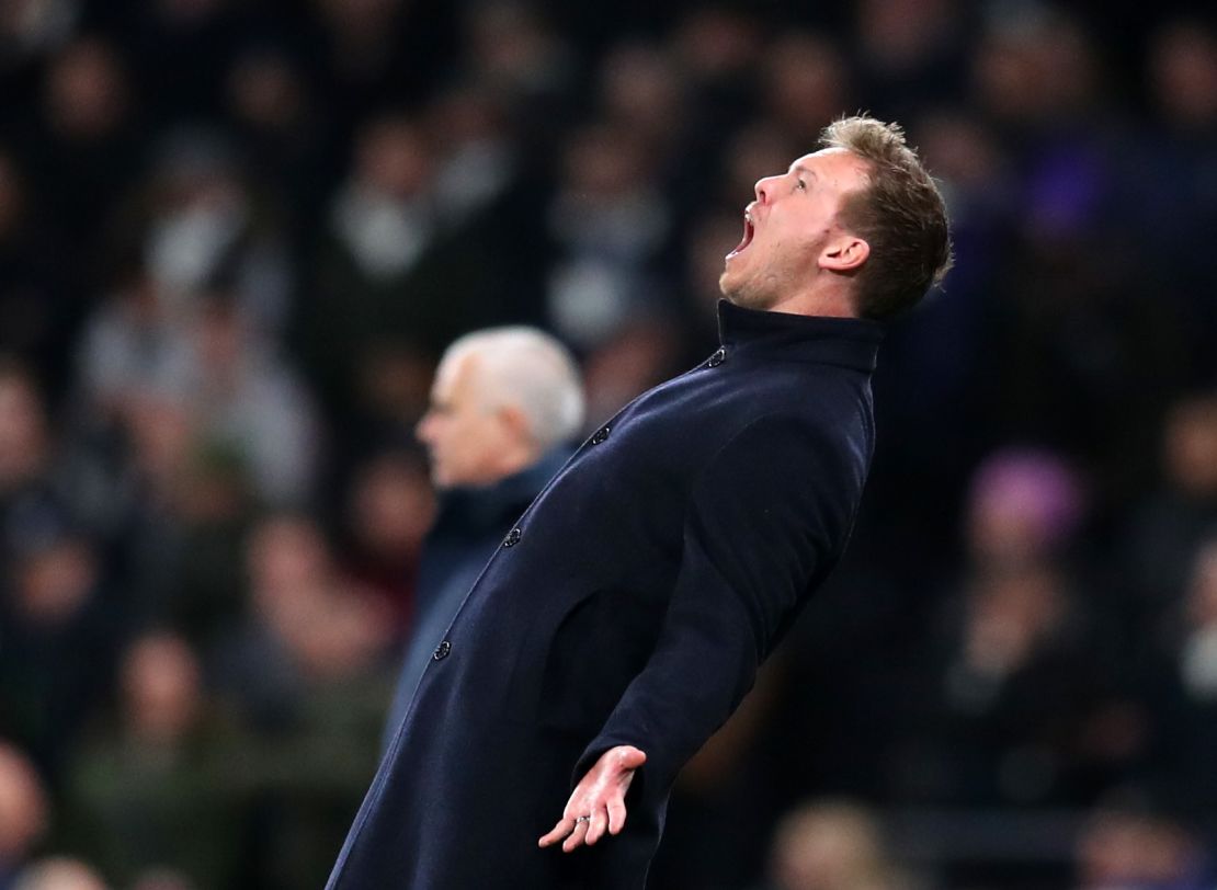 Julien Nagelsman reacts during the Champions League tie against Spurs.