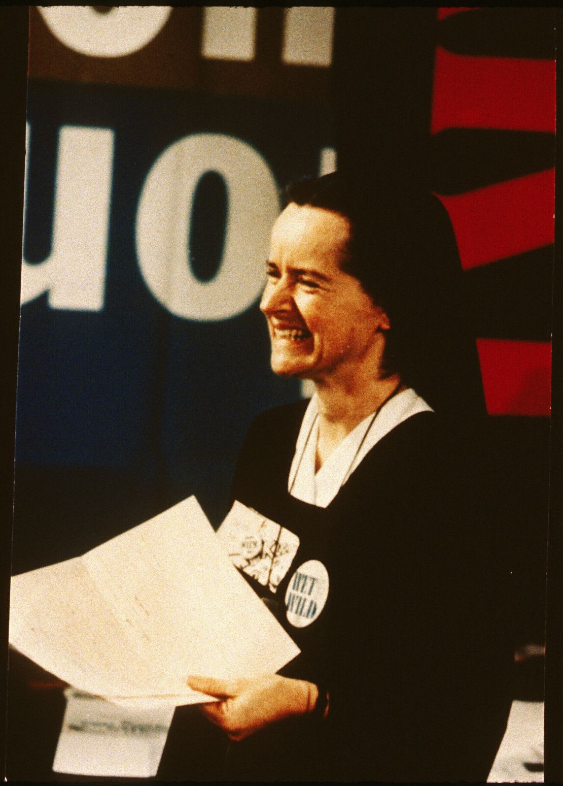 Corita Kent pictured at a conference in the late 1960s.
