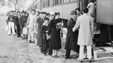 This is the first of 4500 alien and American-born Japanese to be moved from famed Santa Anita race track assembly center to the New Rohwer relocation camp in Deska County, Arkansas.