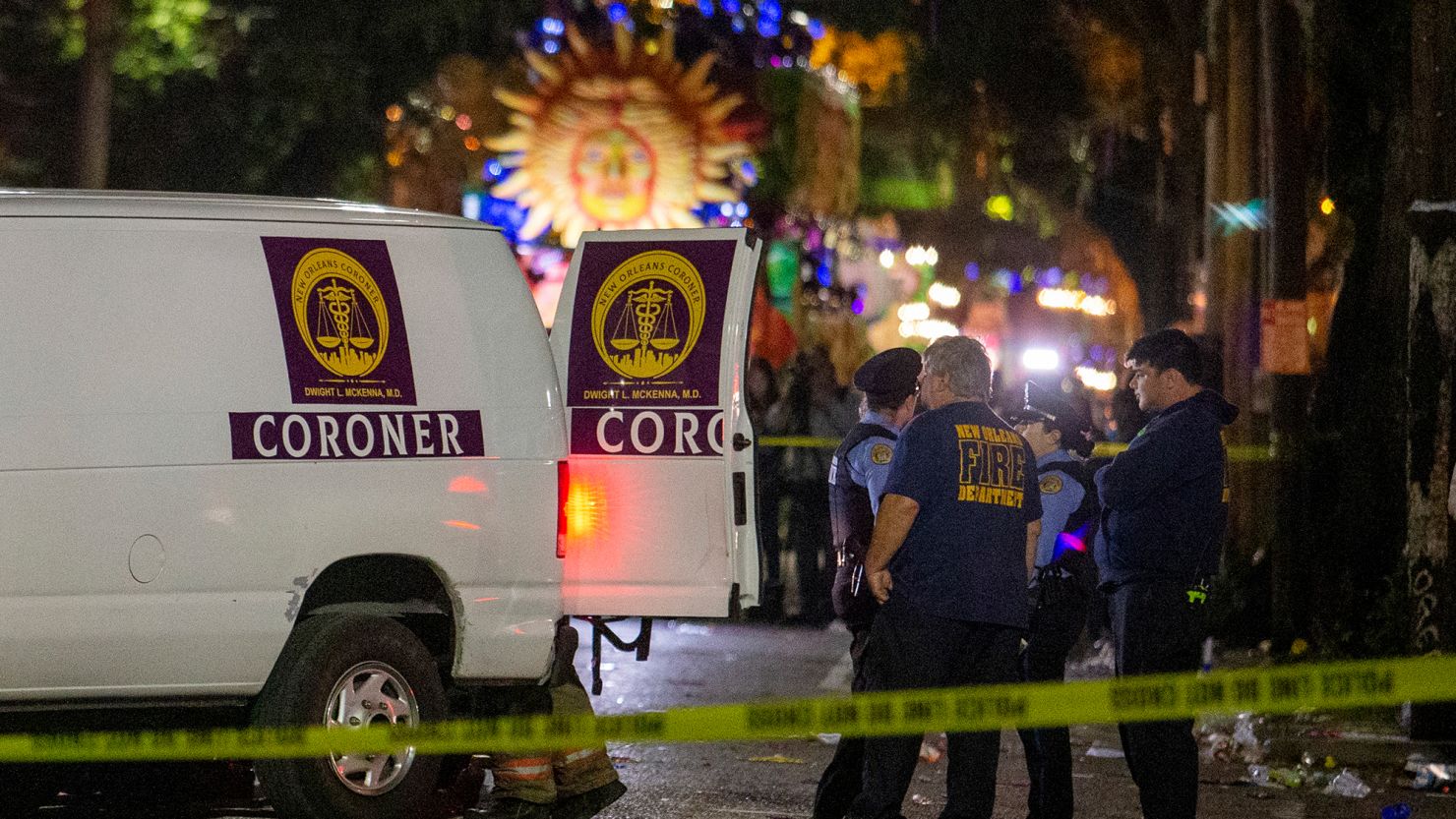 Emergency personnel respond after a person was run over and killed by a float in New Orleans.