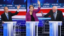 LAS VEGAS, NEVADA - FEBRUARY 19: Democratic presidential candidate Sen. Bernie Sanders (I-VT) (R) makes a point as Sen. Elizabeth Warren (D-MA) and former New York City mayor Mike Bloomberg raise their hands during the Democratic presidential primary debate at Paris Las Vegas on February 19, 2020 in Las Vegas, Nevada. Six candidates qualified for the third Democratic presidential primary debate of 2020, which comes just days before the Nevada caucuses on February 22. (Photo by Mario Tama/Getty Images)