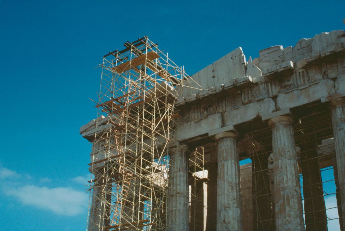 Scaffolding erected during restoration on the Parthenon on the Acropolis in Athens, Greece, November 1976