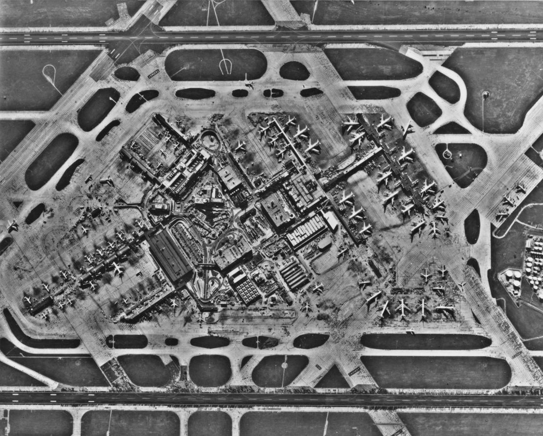 An aerial view of Heathrow Airport, UK in February 1978