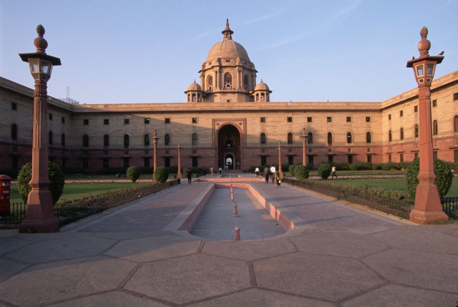 Sunlight catches the north facade of Rashtrapati Bhavan palace in New Delhi. The building, completed in 1929, serves as the official residence of India's president.