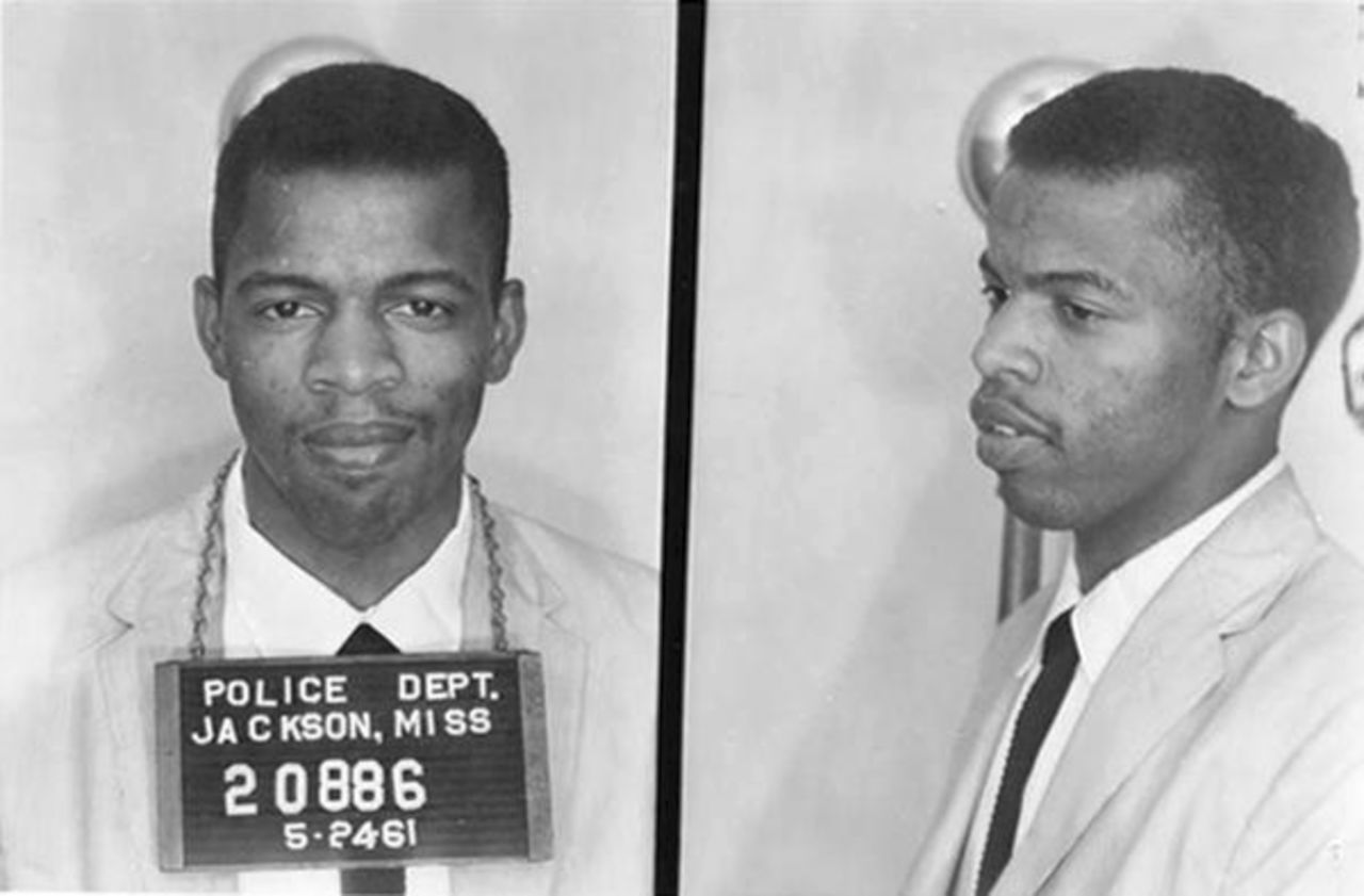 This police mug shot of Lewis was taken in Jackson, Mississippi, after he used a restroom reserved for White people during the Freedom Ride movement.