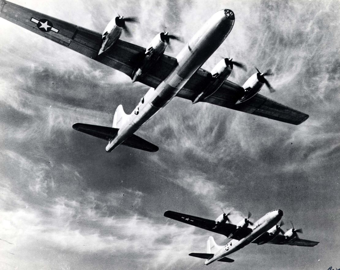 US B-29 bombers in flight.