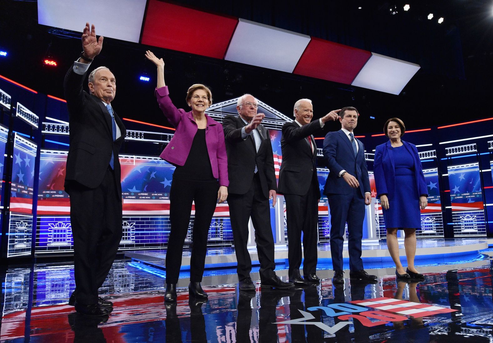 Candidates gather on stage for a Democratic debate in Las Vegas on Wednesday. From left are former New York Mayor Mike Bloomberg, Warren, Sanders; Biden, Buttigieg and US Sen. Amy Klobuchar.