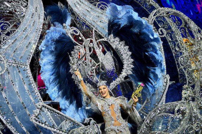 Sara Cruz Teja celebrates after being elected Carnival Queen in Santa Cruz de Tenerife, Spain, on Wednesday, February 19.