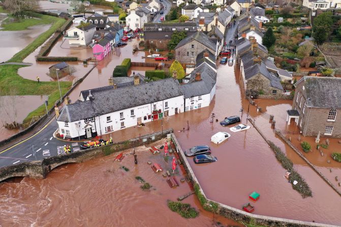 This aerial photo, taken on Sunday, February 16, shows the flooded Welsh village of Crickhowell after the River Usk burst its banks.