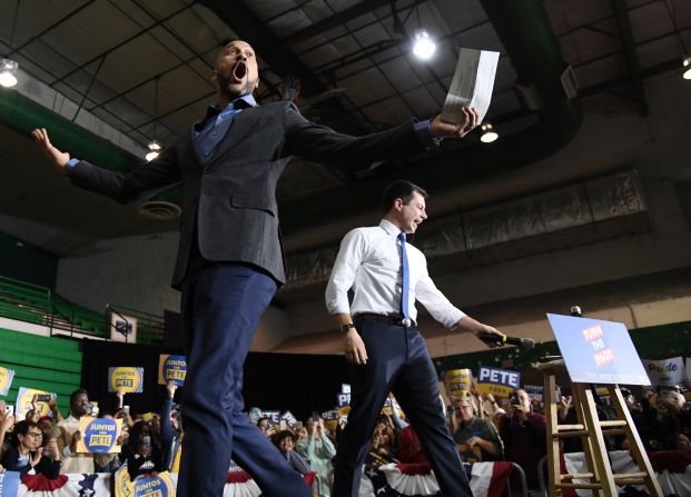 Actor Keegan-Michael Key, left, introduces Democratic presidential candidate Pete Buttigieg during a rally in Las Vegas on Sunday, February 16.