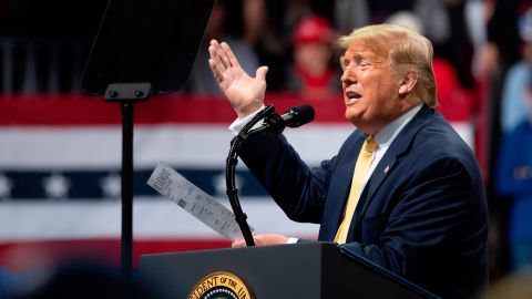 US President Donald Trump gestures as he addresses a "Keep America Great" rally in Colorado Springs, Colorado, on February 20, 2020. 