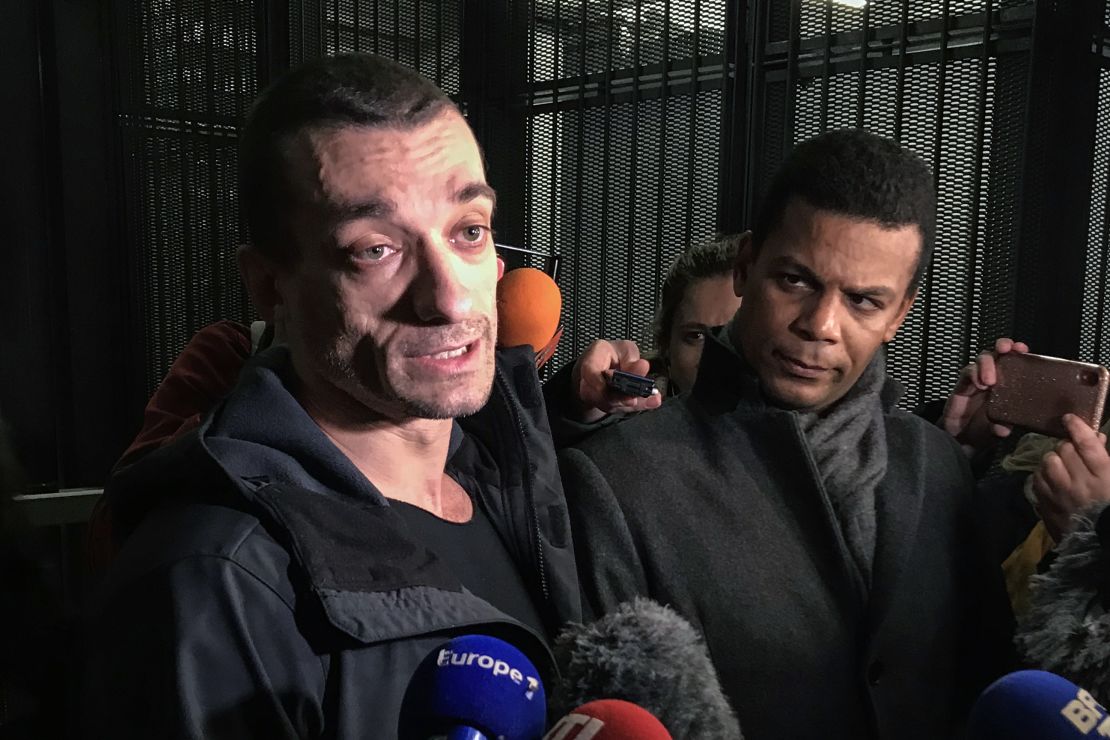 Russian artist Pyotr Pavlensky speaks to the press as he leaves the Paris courthouse on February 18, 2020.