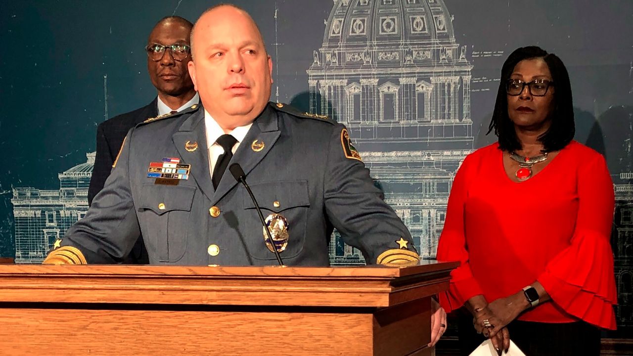 St. Paul Police Chief Todd Axtell speaks at a news conference with lawmakers at the state Capitol in St. Paul, Minn., on Thursday, Feb. 20, 2020, in support of an amendment to to remove a clause allowing slavery and involuntary servitude as punishment for crimes from the state Constitution.