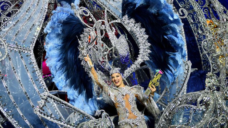 <strong>Tenerife, Canary Islands:</strong> Sara Cruz Teja celebrates after being elected Carnival Queen during the celebrations on Wednesday, February 19.