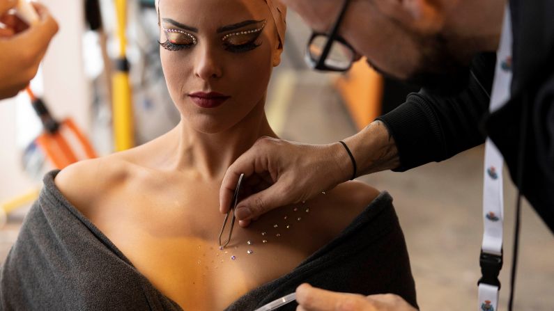 <strong>Tenerife, Canary Islands: </strong>Contestant Lorena Gomez prepares to take part in a gala to elect Santa Cruz de Tenerife's Queen of the Carnival on Wednesday, February 19.