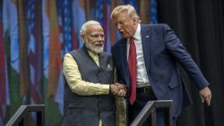 HOUSTON, TX - SEPTEMBER 22: Indian Prime Minster Narendra Modi and U.S. President Donald Trump leave the stage at NRG Stadium after a rally on September 22, 2019 in Houston, Texas. The rally was expected to draw tens of thousands of Indian-Americans and comes ahead of Modi's trip to New York for the United Nations General Assembly.  (Photo by Sergio Flores/Getty Images)