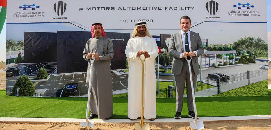 W Motors CEO Ralph R. Debbas (right), breaks ground on the new W Motors Campus in Dubai Silicon Oasis free trade zone in January with representatives of the Dubai Silicon Oasis Authority. 