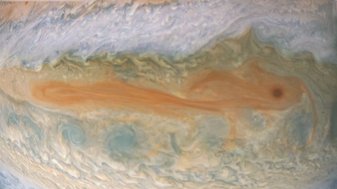 A koi fish-like formation in the upper clouds of Jupiter, captured on perijove 24 of the Juno mission.
