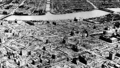 An aerial view of Tokyo after it was razed by American fire bombing carried out on March 10, 1945. 
