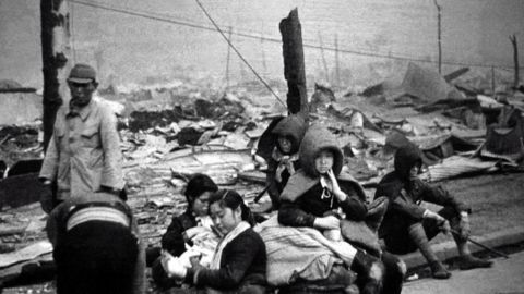 Tokyo residents who lost their homes as a result of the US bombing air raid "Operation Meetinghouse" conducted on March 10, 1945.  That air raid was later estimated to be the deadlist in history. 