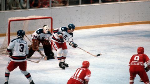 The US Hockey Team competes against the Soviet Union during a metal round game of the Winter Olympics on February 22, 1980.