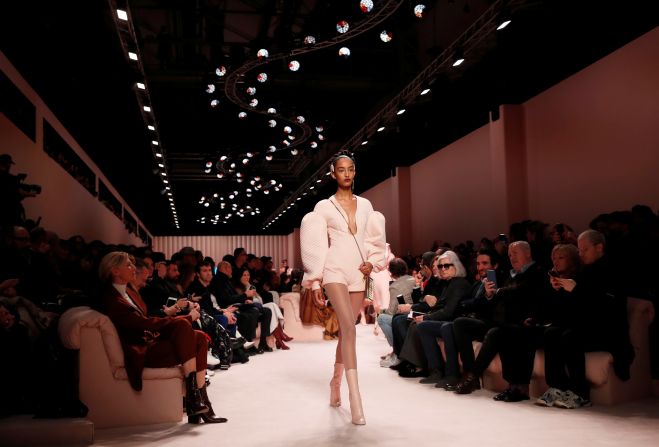 Fendi experimented with textured puff sleeves and nude tones.