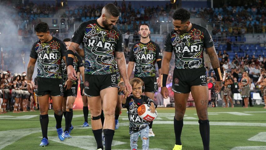 GOLD COAST, AUSTRALIA - FEBRUARY 22: Quaden Bayles runs onto the field before the NRL match between the Indigenous All-Stars and the New Zealand Maori Kiwis All-Stars at Cbus Super Stadium on February 22, 2020 on the Gold Coast, Australia. (Photo by Jason McCawley/Getty Images)