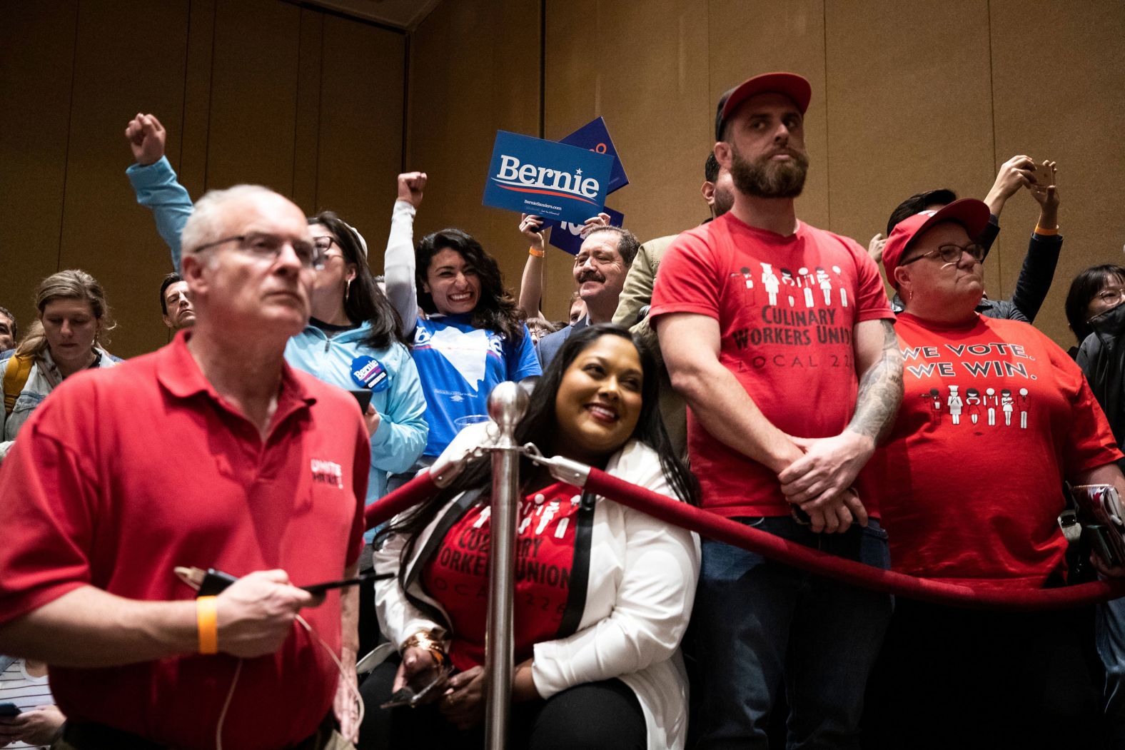 Sanders supporters react during a caucus at the Bellagio hotel in Las Vegas.