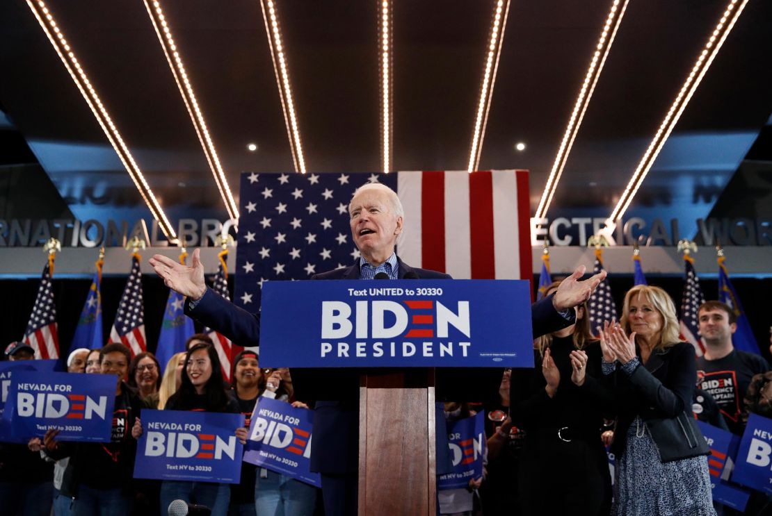 Biden speaks during a caucus night event Saturday, Feb. 22, 2020, in Las Vegas. 