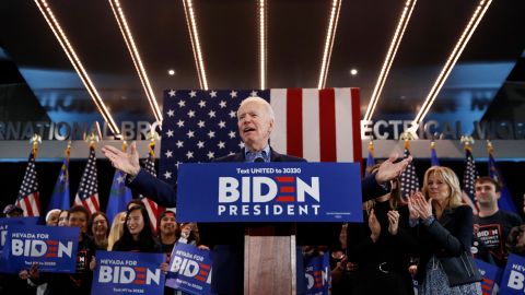 Democratic presidential candidate former Vice President Joe Biden speaks during a caucus night event Saturday, Feb. 22, 2020, in Las Vegas. 