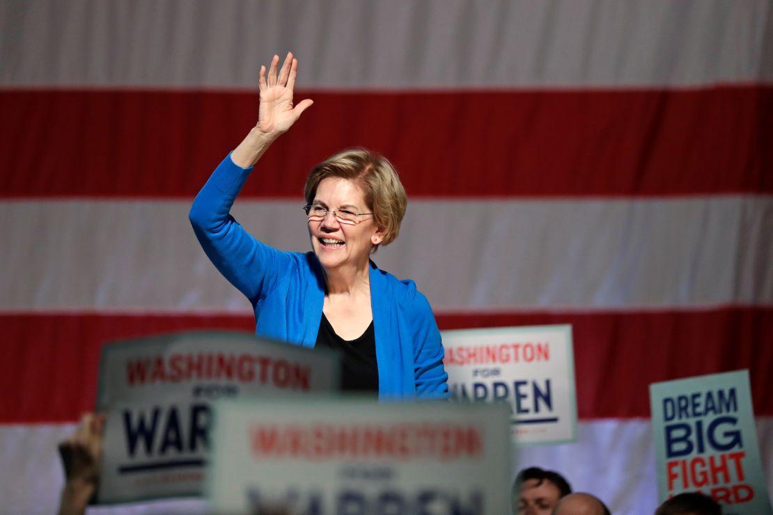 Democratic presidential candidate U.S. Sen. Elizabeth Warren, D-Mass., waves as she is introduced during a campaign event Saturday, Feb. 22, 2020, in Seattle. (AP Photo/Elaine Thompson)