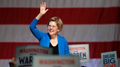 Democratic presidential candidate U.S. Sen. Elizabeth Warren, D-Mass., waves as she is introduced during a campaign event Saturday, Feb. 22, 2020, in Seattle. (AP Photo/Elaine Thompson)