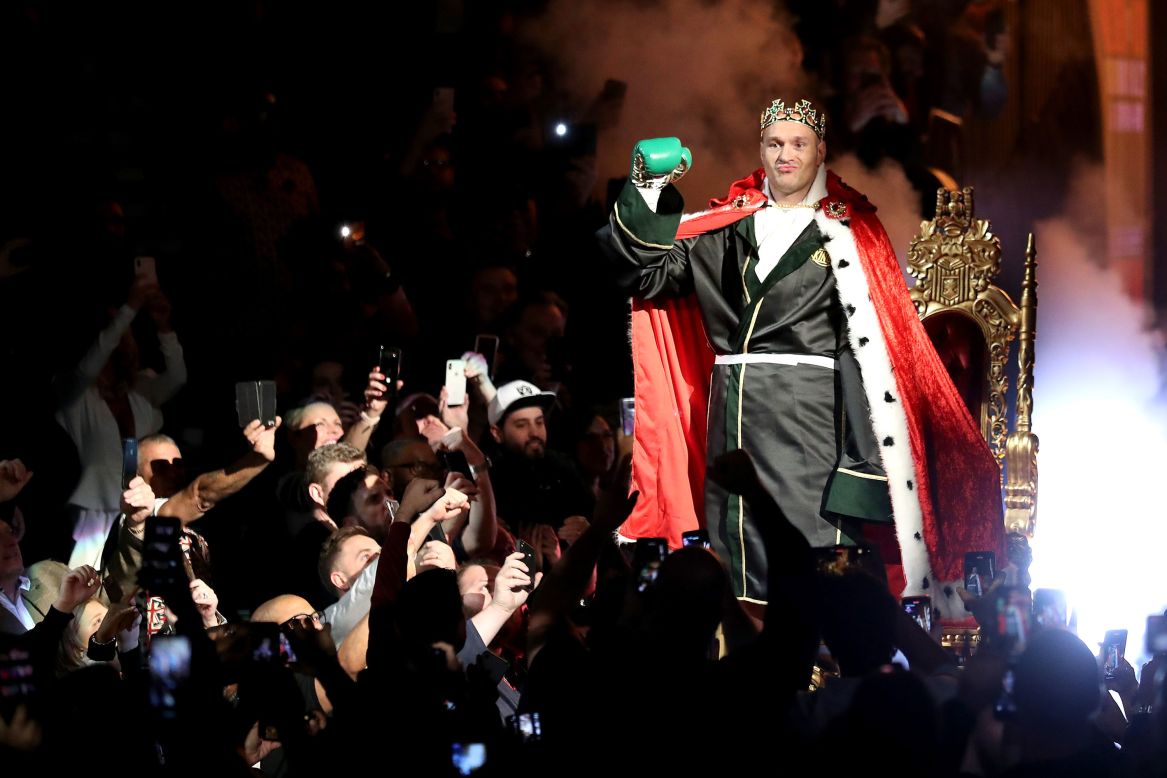 British boxer Tyson Fury enters the ring at MGM Grand Garden Arena in Las Vegas.