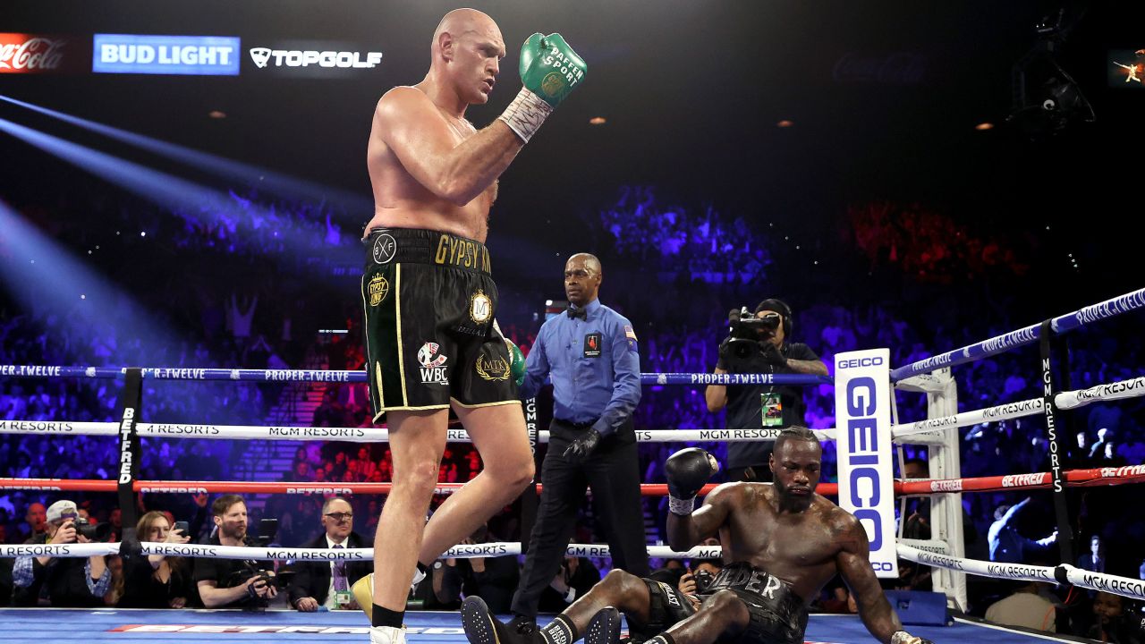 Tyson Fury knocks down Deontay Wilder in the fifth during their Heavyweight bout for Wilder's WBC and Fury's lineal heavyweight title on February 22, 2020 at MGM Grand Garden Arena in Las Vegas, Nevada.
