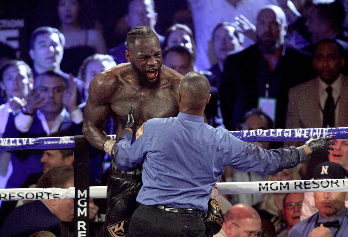 US boxer Deontay Wilder reacts during his World Boxing Council (WBC) Heavyweight Championship Title boxing match against British boxer Tyson Fury at the MGM Grand Garden Arena in Las Vegas on February 22, 2020. 