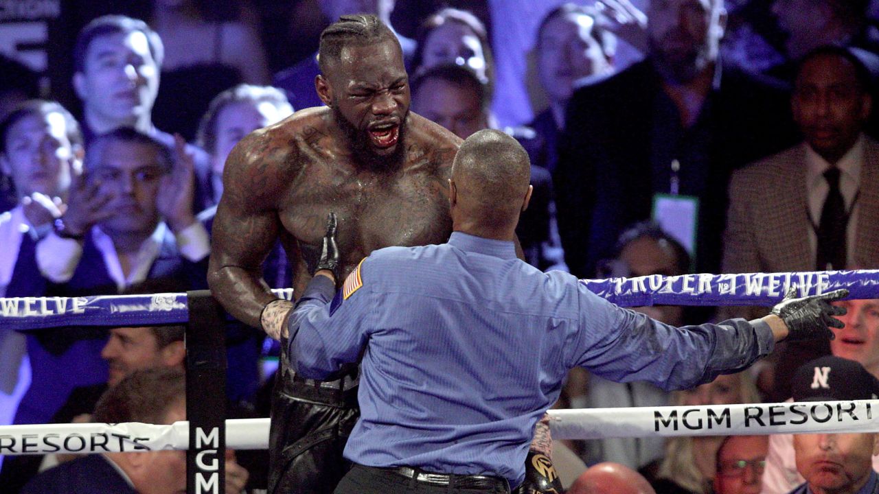 US boxer Deontay Wilder reacts during his World Boxing Council (WBC) Heavyweight Championship Title boxing match against British boxer Tyson Fury at the MGM Grand Garden Arena in Las Vegas on February 22, 2020. 