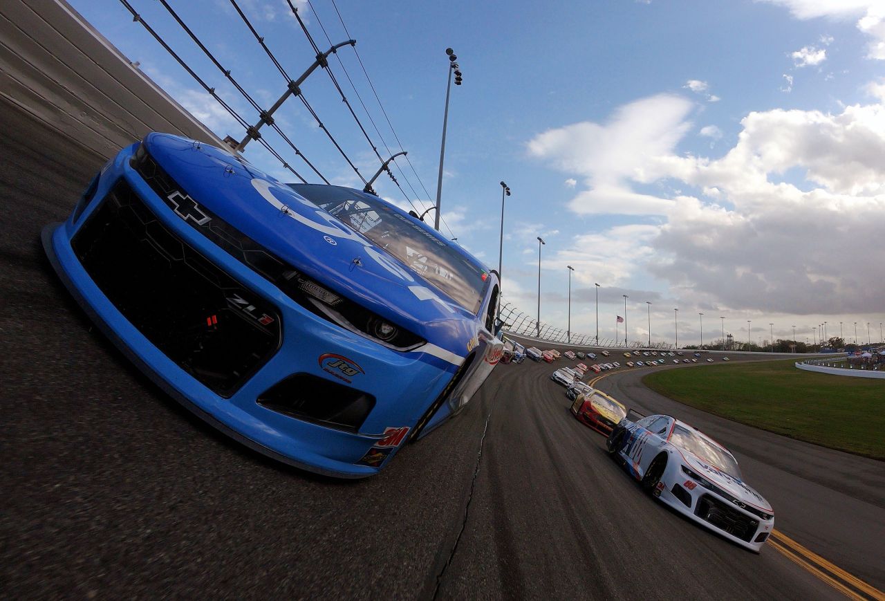 Ricky Stenhouse Jr., driver of the No. 47 Kroger Chevrolet, and Alex Bowman, driver of the No. 88 Valvoline Chevrolet, lead the field before the start of the Daytona 500 on February 16.