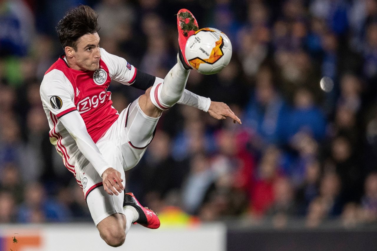 Ajax's Nicolas Tagliafico attempts to control the ball during a Europa League match between Ajax and Spanish club Getafe in Madrid, Spain. Getafe won 2-0.
