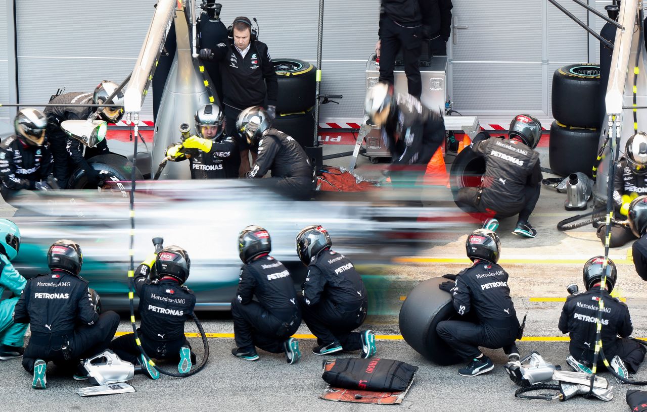 Lewis Hamilton makes a pit stop during a Formula One pre-season testing session at the Barcelona Catalunya racetrack in Montmelo, Spain, on February 19.