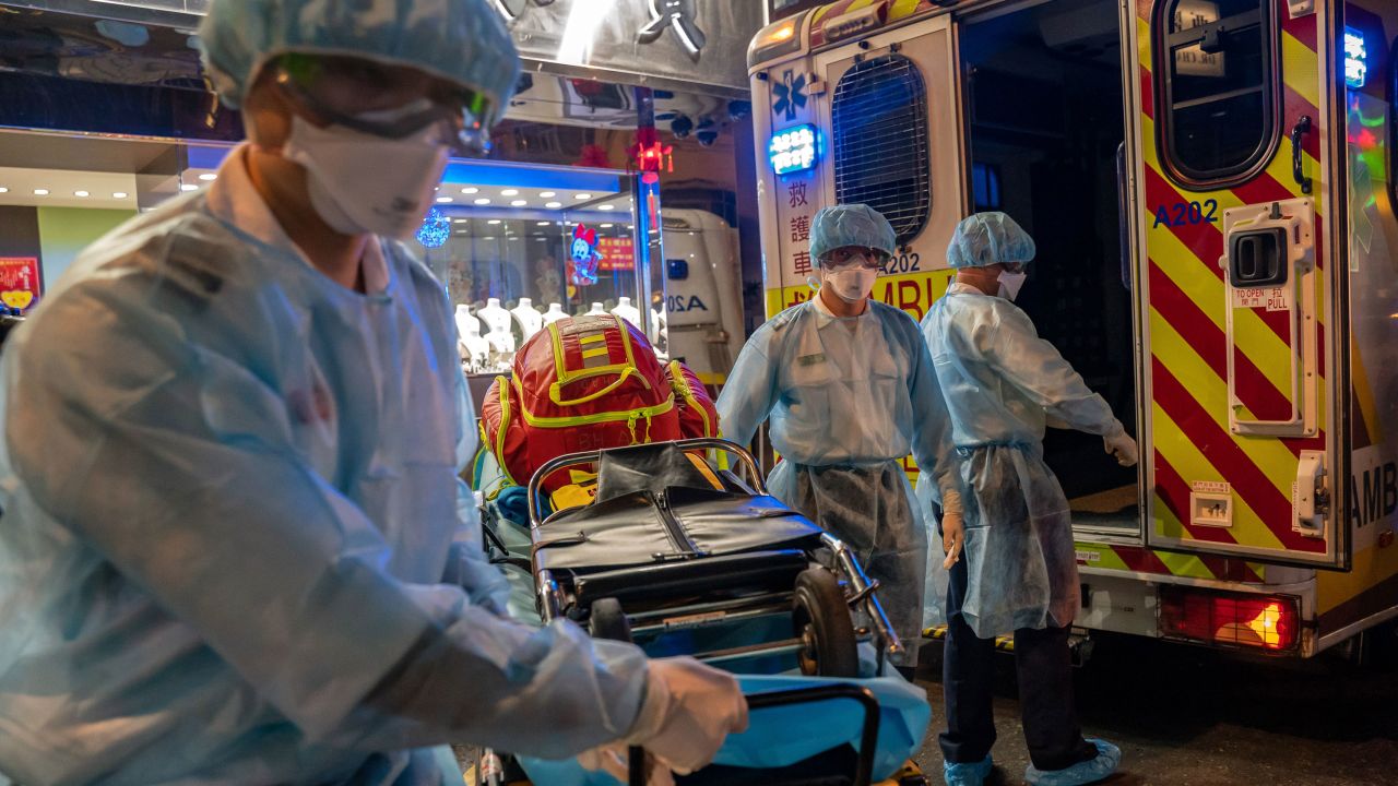 Paramedics wearing personal protective equipment carry a stretcher from an ambulance at North Point district in Hong Kong.