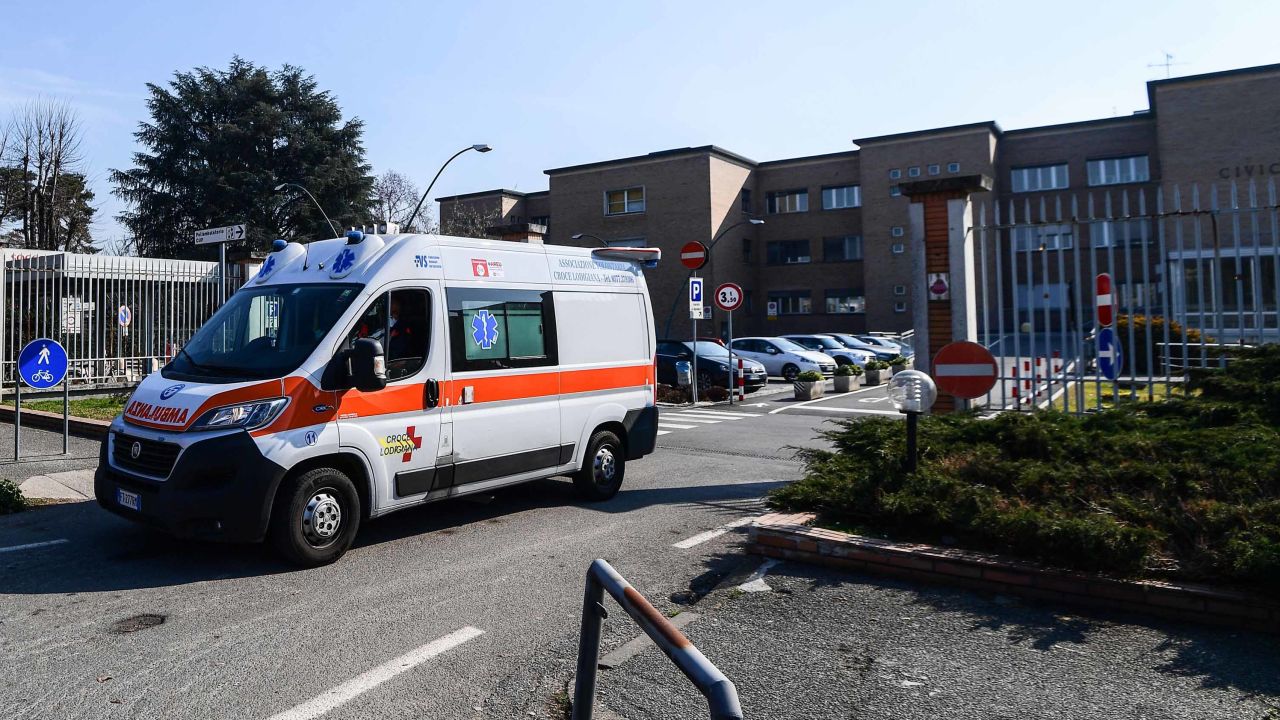 An ambulance leaves the municipal hospital in Codogno, southeast of Milan, on February 22, 2020.