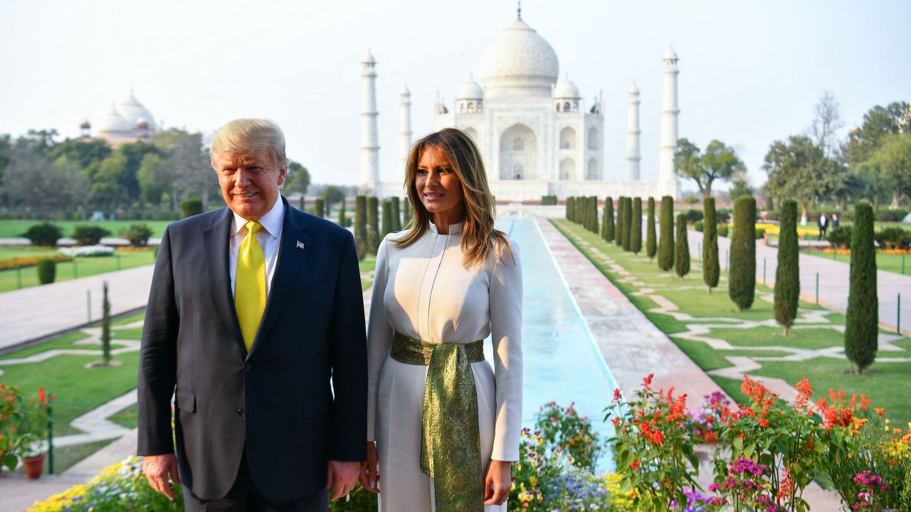 US President Donald Trump and First Lady Melania Trump pose as they visit the Taj Mahal in Agra on February 24, 2020. (Photo by Mandel NGAN / AFP) (Photo by MANDEL NGAN/AFP via Getty Images)