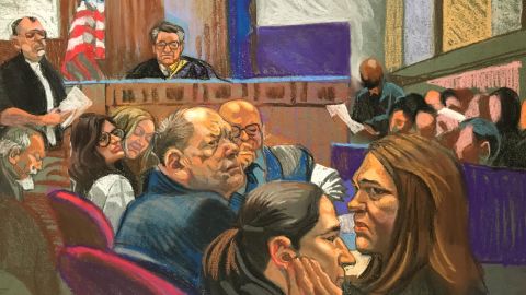 In this courtroom sketch Weinstein watched and listened as the verdict was read.