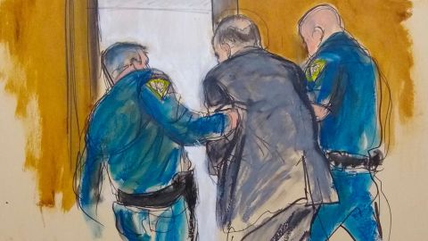 In this courtroom sketch, Weinstein is led out by officers after his conviction.