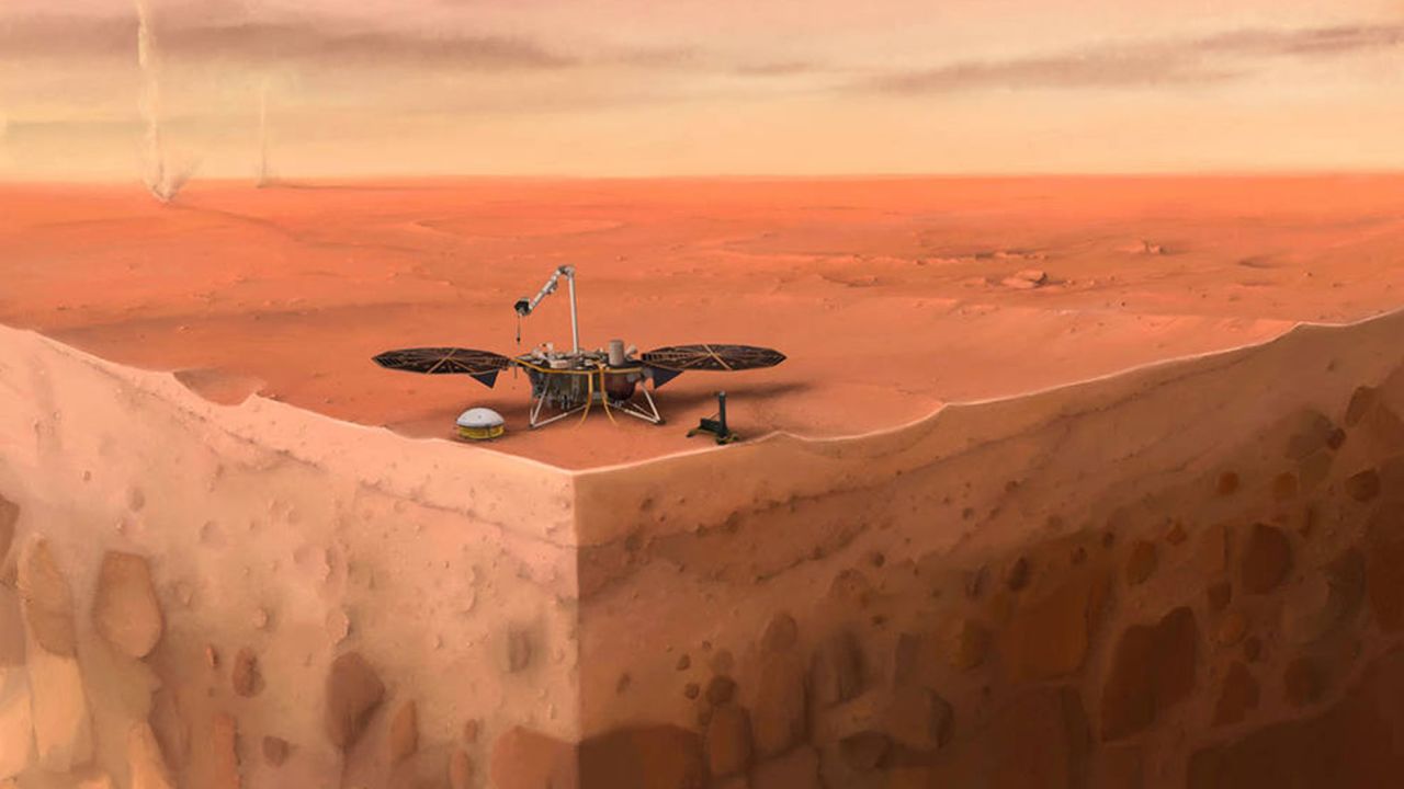 In this artist's illustration of Insight, the planet's subsurface can be seen below and dust devils are depicted in the background.